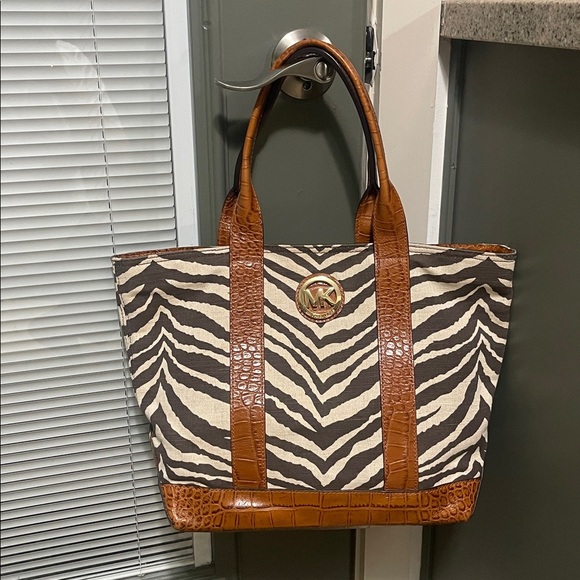 Michael Kors Handbags - Michael Kors Zebra Print Canvas and Croc Trim Leather Tote Shoulder Handbag